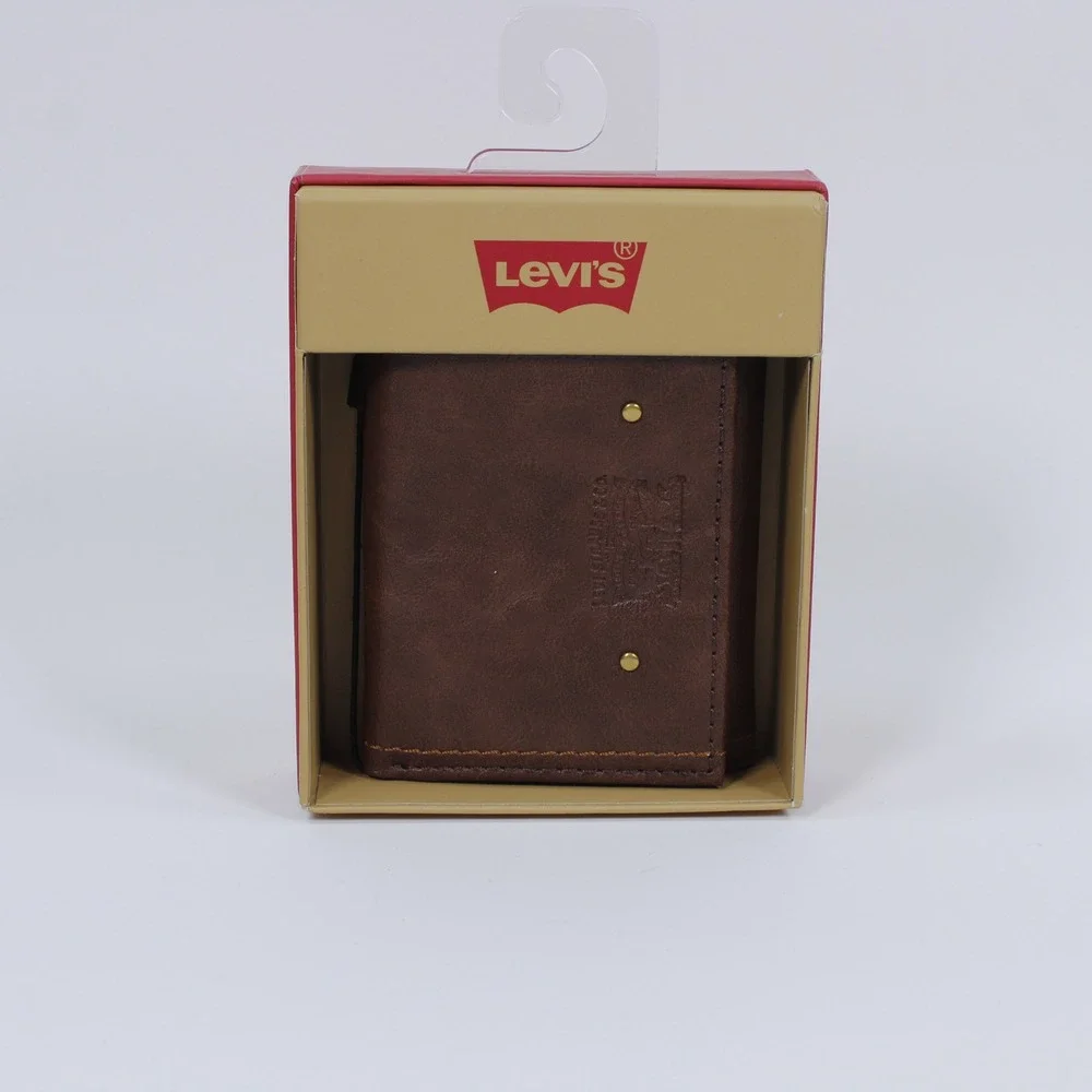 Levi's Men's Trifold Leather Wallet Brown Two-Tone Rivet Details NIB